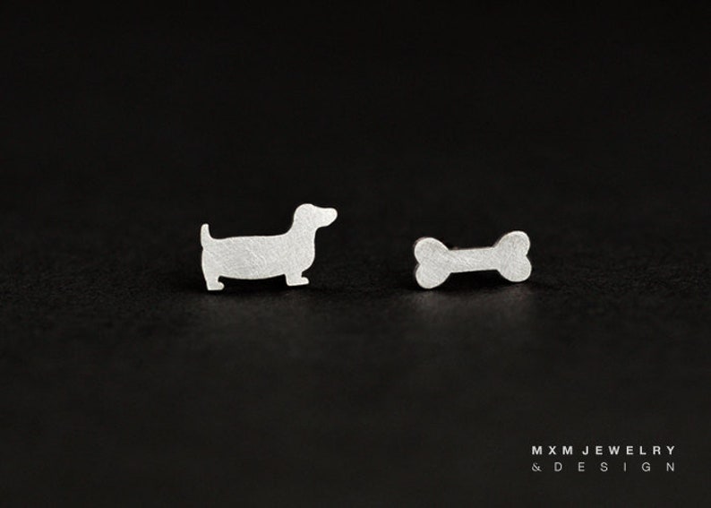 Sterling Silver Dachshund/Basset Dog & Bone Stud Earrings image 1