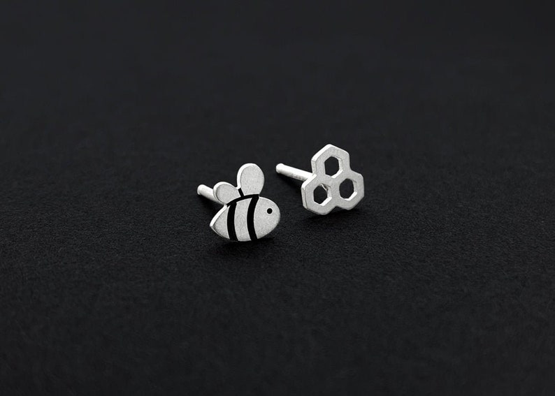 Sterling Silver Bee and Honeycomb Stud Earrings Mix Pair