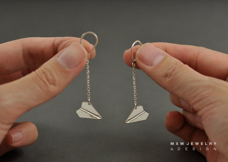 Small / HandFolded Paper Airplane W/Chain Earrings image 2