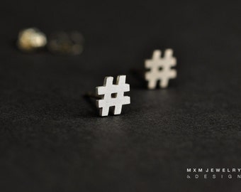 Sterling Silver Hashtag/Number # Sign Stud Earrings