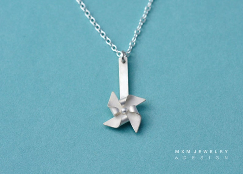 Handfolded Spinnable Sterling Silver Pinwheel Necklace post up image 1