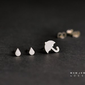 Sterling Silver Umbrella & Rain Drops Stud Earrings image 2