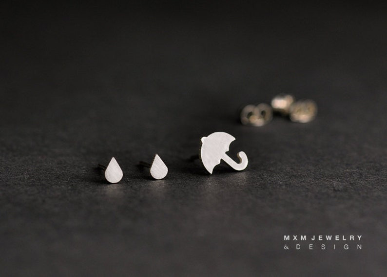 Sterling Silver Umbrella & Rain Drops Stud Earrings image 2