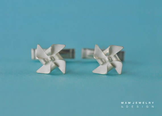 Handfolded Spinnable Sterling Silver Pinwheel Cufflinks