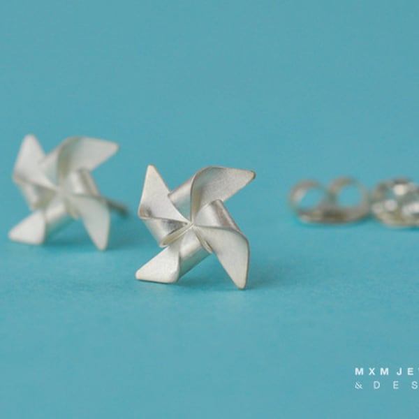 Handfolded Pinwheel / Windmill Earrings 0.3" (No Ball in Center)