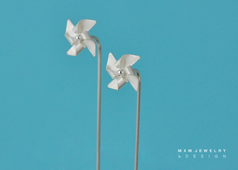 Handfolded Sterling Silver Pinwheel Earrings W/Long Post image 4