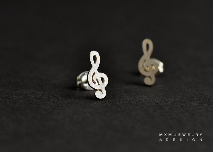 Rusty Clef Note Sterling Silver or Solid Gold Music Clef Note / G and F Clef Stud ...