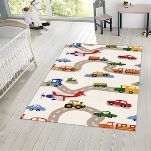 Kids Road Play Mat Rug – Car, Train & Plane Activity Carpet – Vehicle Theme Nursery Rug for Toddlers, Boys Playroom Decor