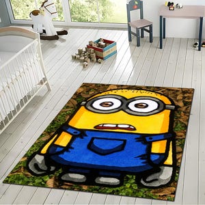 Dywan z Minionkami – ręcznie robiony dywan z postaciami z kreskówek – zabawna dekoracja pokoju dziecięcego – wyjątkowy prezent dla Minionków – dywan na zamówienie