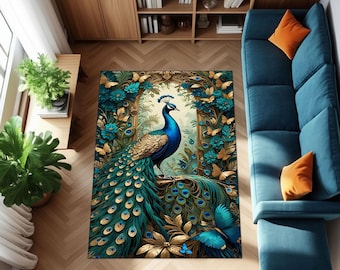 Peacock Rug with Floral and Butterfly Design, Luxury Boho Area Carpet for Living Room, Bedroom, Artistic Nature Inspired Home Decor