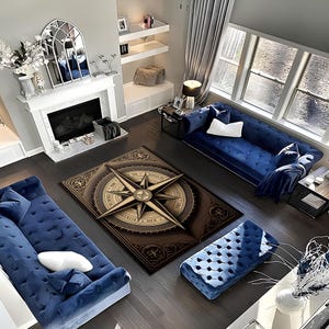 Alfombra digital con brújula vintage, inspirada en cartas náuticas, estilo steampunk para decoración de habitaciones de piratas o exploradores.