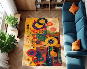 Colorful Abstract Geometric Rug, Vibrant Modern Art Rug, Bohemian Style Floor Rug for Living Room and Bedroom, Mid-Century Style Rug