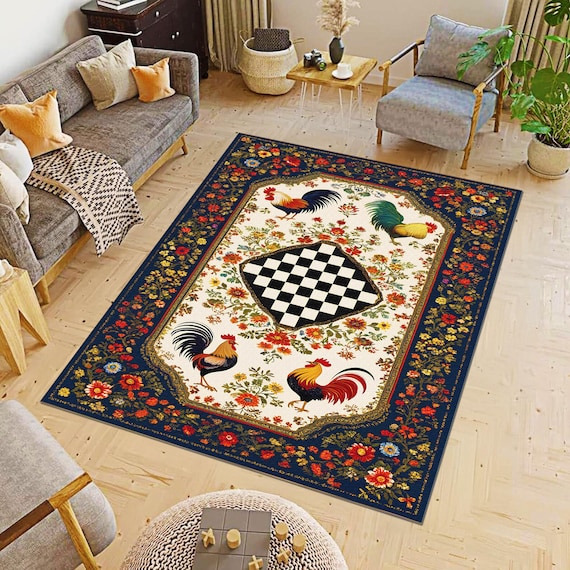 Vintage Rooster Floral Rug, Farmhouse Oriental Style, Non-Slip Rug