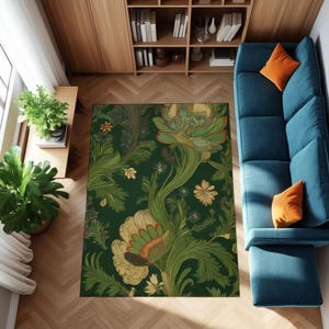 Vintage Floral Green Rug: Botanical Pattern, Non-Slip Home Decor