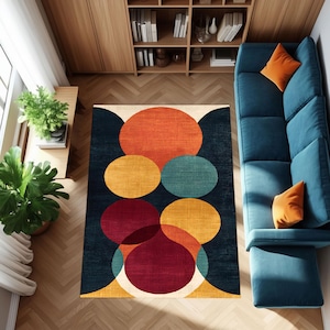 Mid-Century Modern Area Rug: Colorful Geometric Circles, Retro Bohemian Style