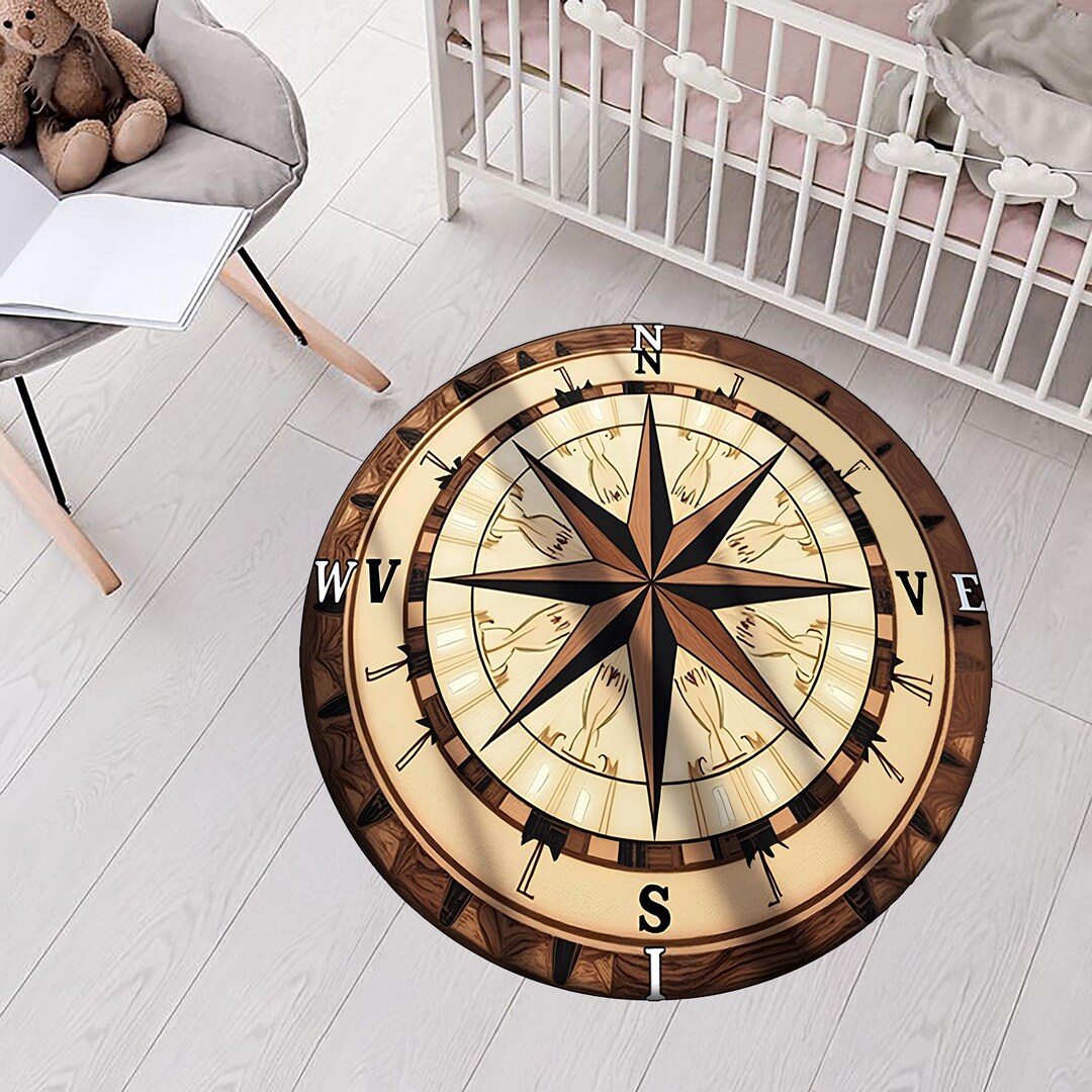 Nautical Compass Round Rug, Beach House Decor, Coastal Style - Etsy