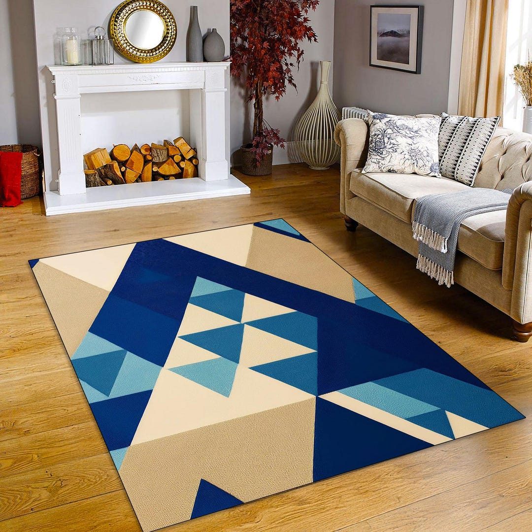 Modern Patterned Area Rug Modern Geometric Blue Rug for Living Room, Triangle Patterned Area Rug ...