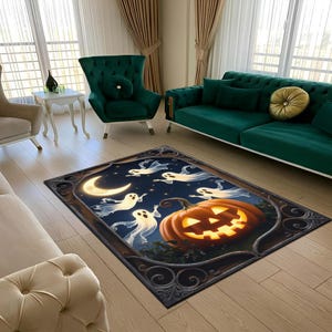 Digitaal Halloween-tapijt – Leuke spoken, Jack O' Lantern en maan Spooky herfstdecortapijt voor halfeest thuis