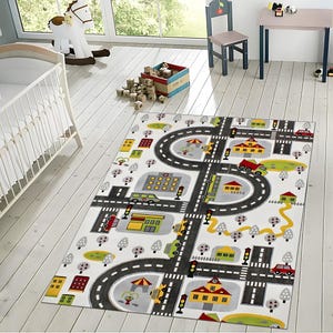 Abstract City Road-speelkleed - digitaal design kindertapijt met verkeer en gebouwen, vloermat voor peuters, decoratie kinderkamer