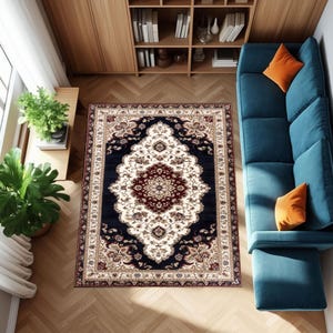 Persian Area Rug – Traditional Medallion Carpet in Black, Ivory & Red – Oriental Living Room Floor Decor – Vintage Style Rug