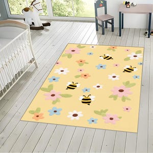 Cute Bee and Pastel Flower Carpet, Kawaii Nursery Carpet, Kids Room Play Carpet, Weird Floor Decor
