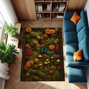 Fantasy Forest Rug with Mushrooms & Animals – Fairycore, Cottagecore, Boho Style Carpet for Living Room, Bedroom  Nature Decor