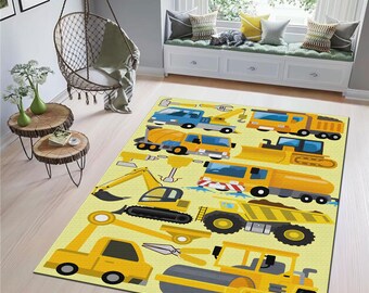 Tappeto Per Bambini Con Disegni Camion E Escavatori - Tappeto Gioco 100x150 Cm, Antiscivolo