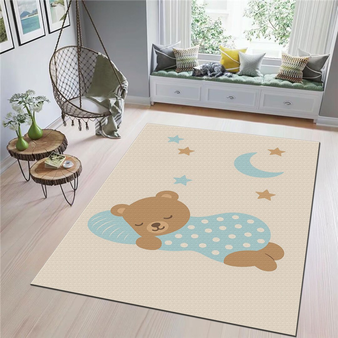Baby Sleep Rug Pastel Sleeping Bear Nursery Rug: Moon & Stars Baby Room Rug - Etsy