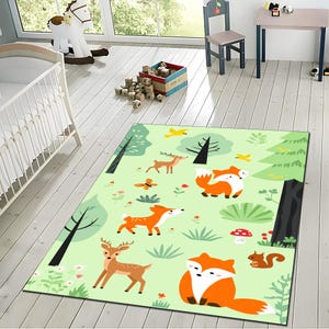 Forest Animals Kids Rug – Cute Fox, Owl and Deer Forest Nursery Rug – Cartoon Green Playroom Floor Mat