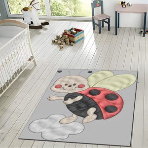 Alfombra digital de mariquitas para guardería: adorable alfombra de insectos con dibujos animados para habitación de bebé, sala de juegos infantil y decoración de suelo infantil.