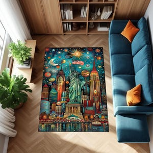 Colorful New York City Rug, Statue of Liberty and Cosmic Skyline, Vibrant Modern Abstract Area Rug, Urban Pop Art Home Decor