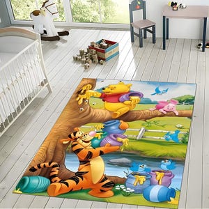 Alfombra con estampado digital de Winnie the Pooh - Bonita alfombra de dibujos animados para habitación de bebé - Decoración para habitación de bebé con Tigger, Piglet y sus amigos del bosque