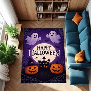 Halloween Rug with Ghosts, Pumpkins & Haunted House | Spooky Autumn Carpet for Trick-or-Treat, Parties Seasonal Home Decor