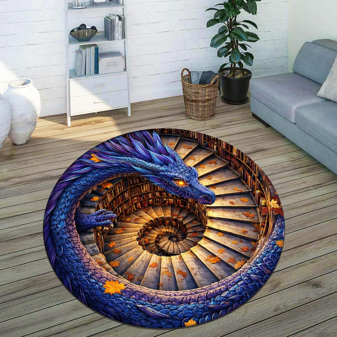 3d Book Rug Printed Faux 3D Dragon and Books Round Rug, Fantasy Dragon and Books ...