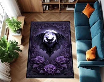 Washable Gothic Rug for Gothic Home Decor, Purple Bat Rug, Dark Academia Rug, Washable Living Room Rug