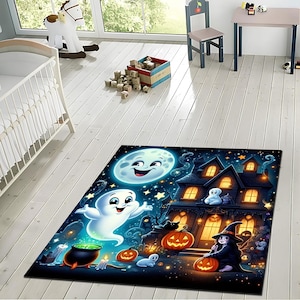 Bonita alfombra de fantasmas de Halloween: impresión digital de casa encantada con bruja, calabazas y luna sonriente: decoración infantil espeluznante y caprichosa