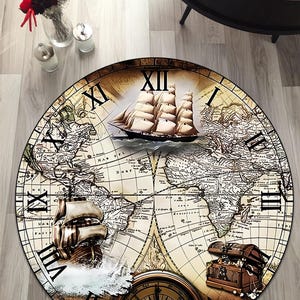 Alfombra con estampado de mapa del mundo y barco, alfombra decorativa retro con temática de brújula, decoración de habitación de estilo náutico y de exploración.
