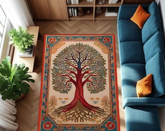 Tree of Life Boho Rug - Botanical Oriental Rug, Folk Art Tapestry for Living Room, Spiritual and Nature-Inspired Area Rug