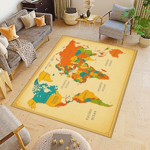 Alfombra de mapa del mundo: decoración de viaje colorida, alfombra de algodón