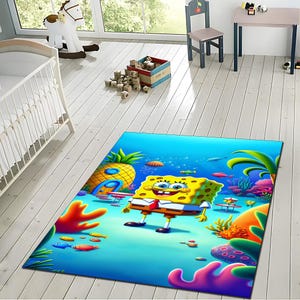 Alfombra de dibujos animados submarinos: colorida alfombra con impresión digital para habitación infantil, diseño divertido de esponja marina, decoración para el suelo de la sala de juegos y la guardería.