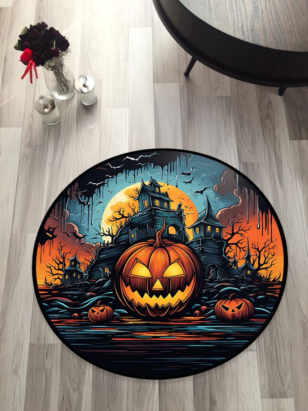 Large Spooky Rug Spooky Halloween Haunted House Pumpkin Rug — Digital Art Print, Creepy ...