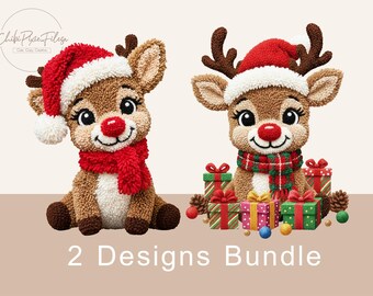 Faux Yarn Reindeer PNG Bundle (2 Designs) | Punch Needle Christmas Clipart | Sublimation DTF Commercial Use