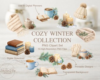 Winter Home Elements PNG Set – Blanket, Candle, Coffee, Book (Digital Download)