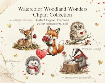 Watercolor Woodland Animals Clipart, Forest Animal PNG Bundle, Nursery Illustration, Commercial Use