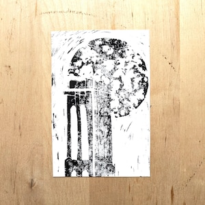 Lino print Sint-Romboutstoren Mechelen em lua cheia
