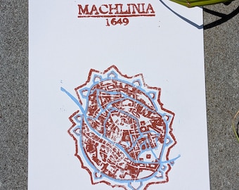 Plan Mechelen z XVII wieku z zaznaczonymi kanałami wodnymi. Oparty na istniejącej, starej mapie miasta.