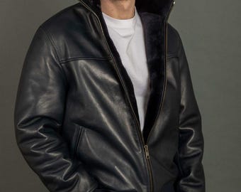 Navy Blue Sheepskin Leather Bomber Jacket | Faux Shearling Lined Winter Coat | Men's Flight Jacket