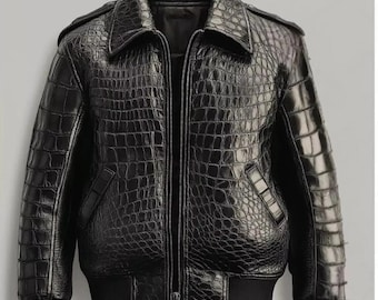 Crocodile Embossed Cowhide Leather Bomber Jacket | Black Luxury Textured Flight Coat for Men