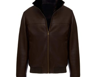 Men's Luxe Dark Brown Leather Bomber Jacket | Fur Collar Sheepskin Coat | Winter Fashion Outerwear