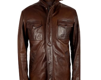 Genuine Sheepskin Leather Field Jacket | Brown Stand Collar Safari Coat | Mens Luxury Leather Outerwear
